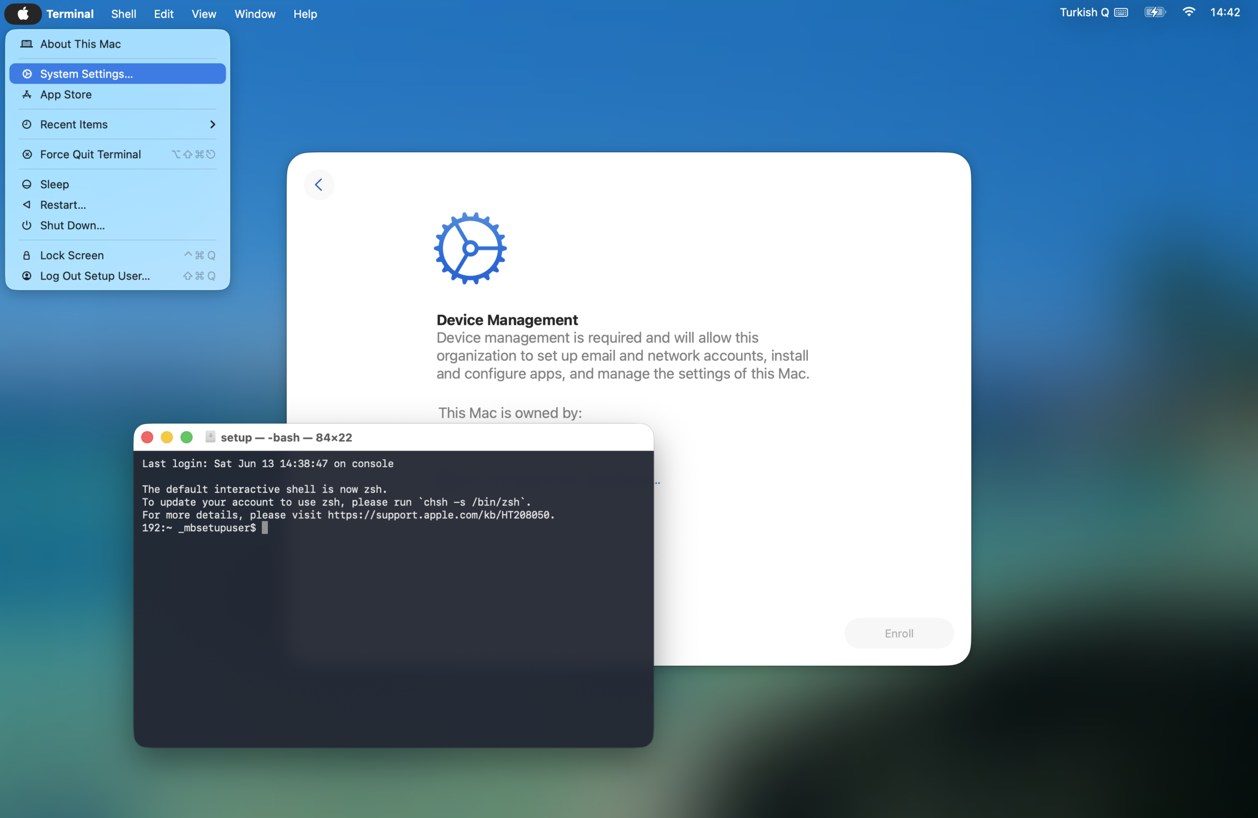 SETUP ASSISTANT’TA TERMINAL ve SYSTEM SETTINGS’E ERİŞMEK